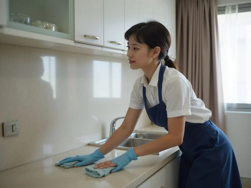 Cleaning team at work in residential Malaysian condo