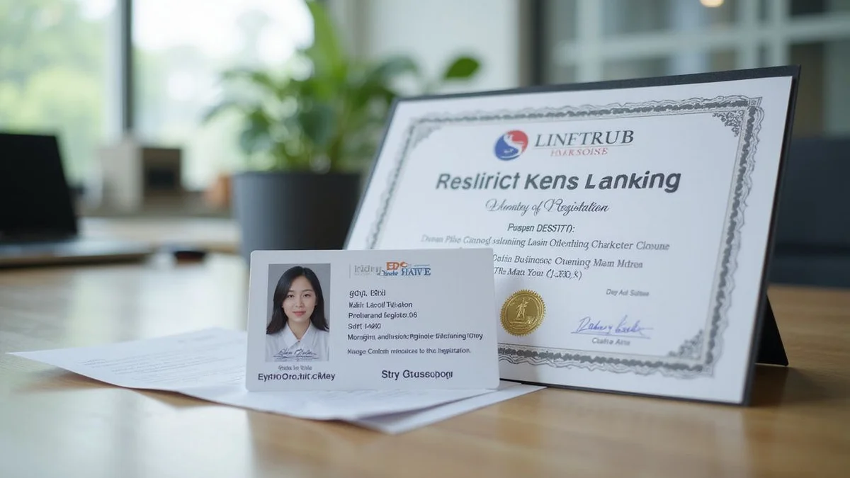 Sdn. Bhd. certificate and staff ID on professional desk