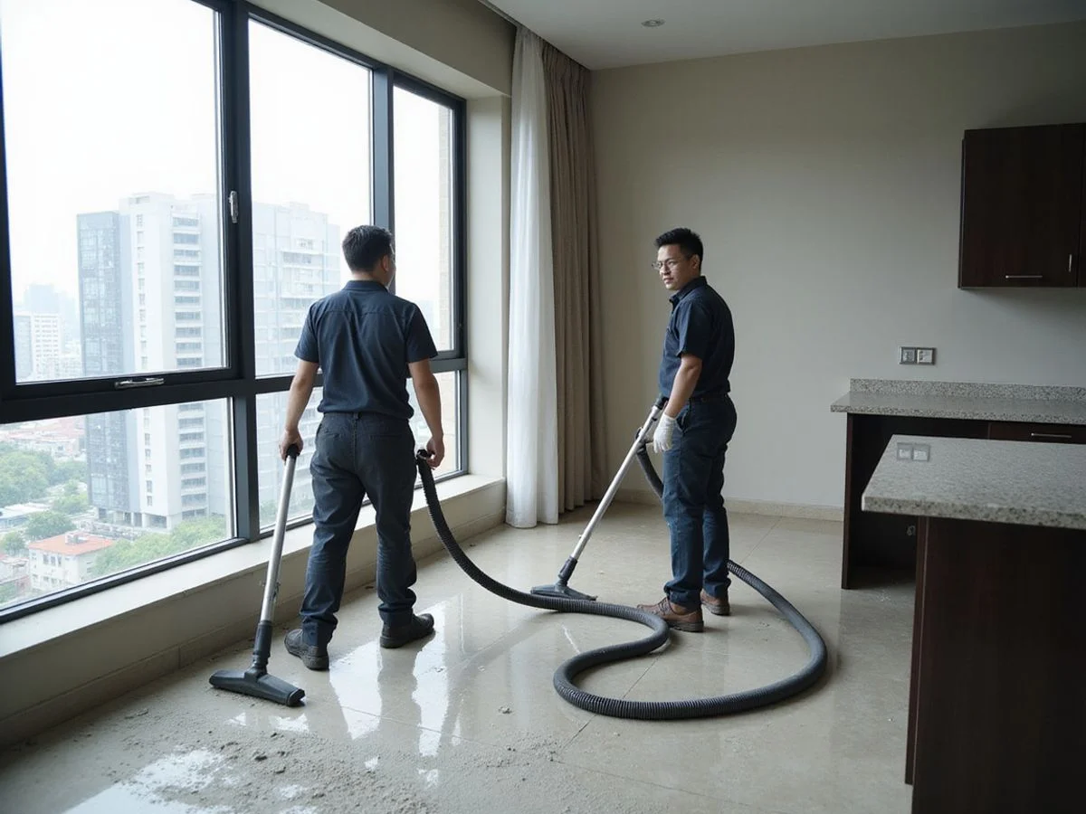 Post-renovation cleaning team using industrial HEPA equipment in Malaysian condo