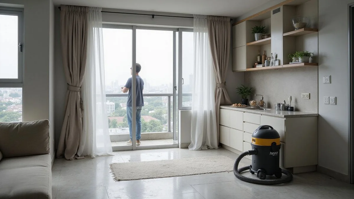 Post-renovation condo before cleanup begins