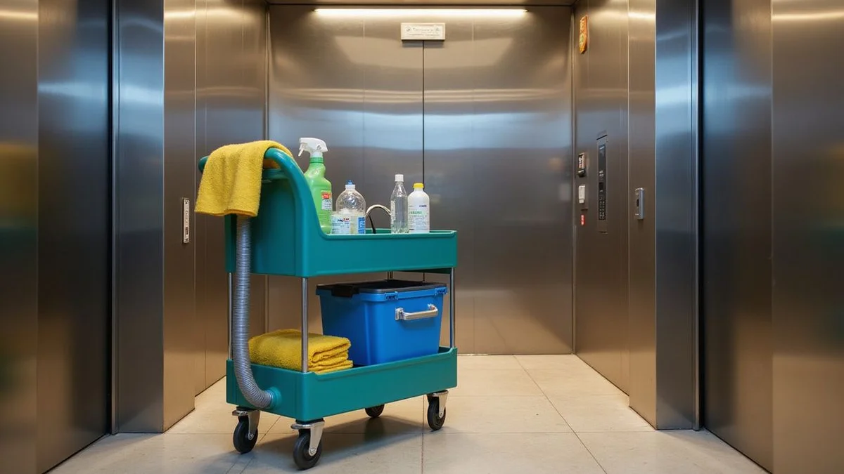 Service lift access with cleaning equipment