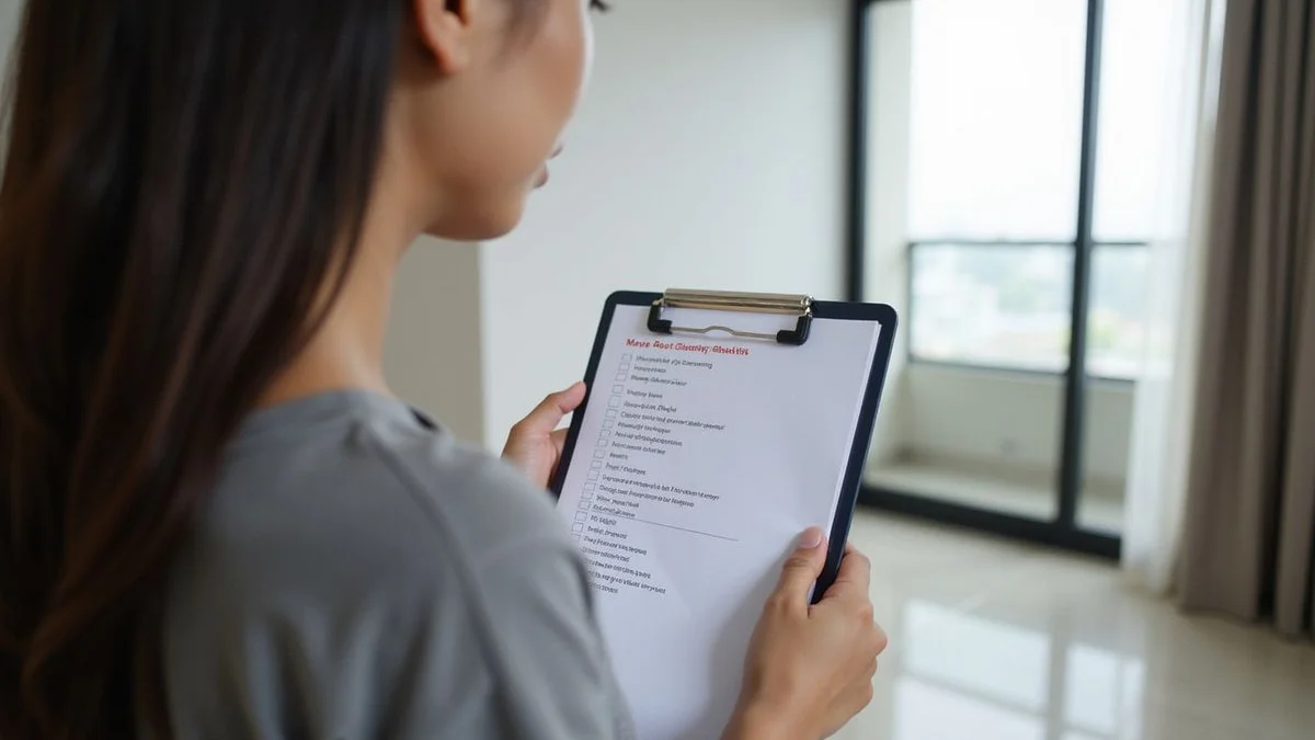 Tenant with move-out checklist in empty unit