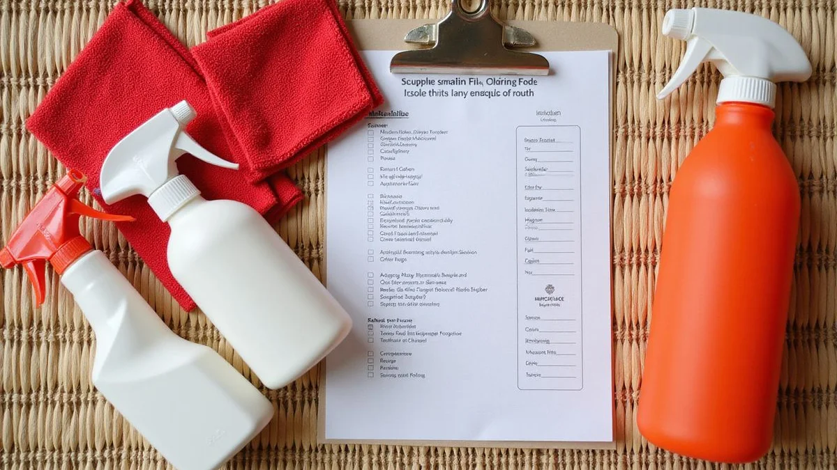 Cleaning supplies and printable checklist flatlay