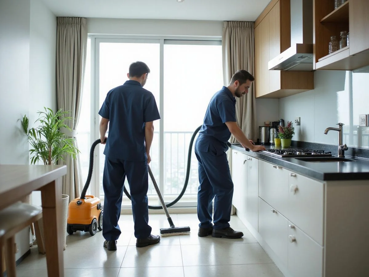 Professional cleaning team performing deep clean of Malaysian condo kitchen